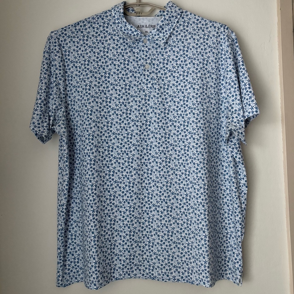 Ash & Erie Floral Tech Polo Shirt Men’s XXL Blue Performance Golf Active Office